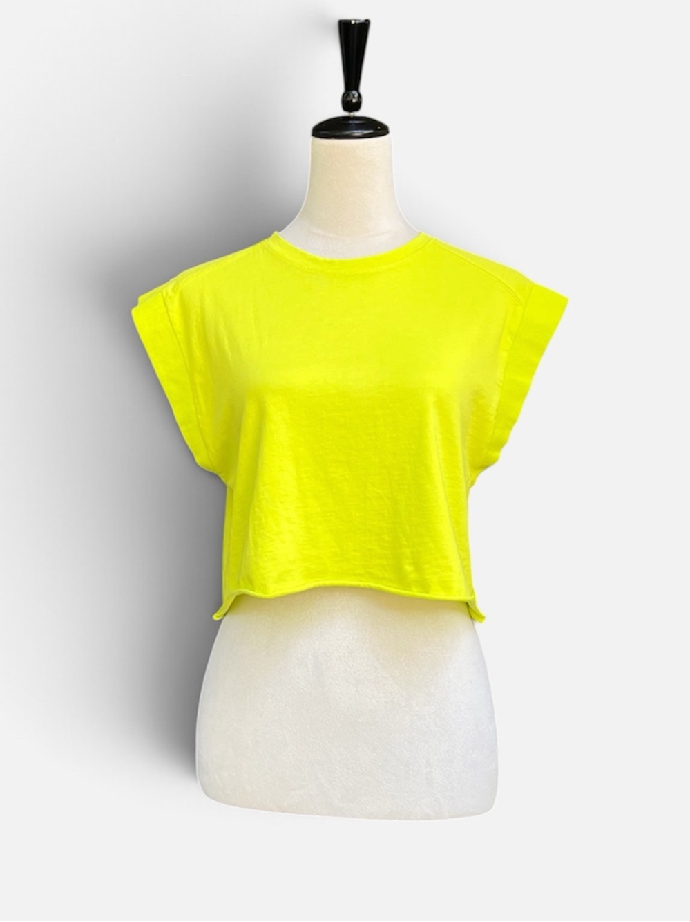 Zara Cropped Raw Roll-hem Cap Sleeve Tee in Neon Yellow Sz Small